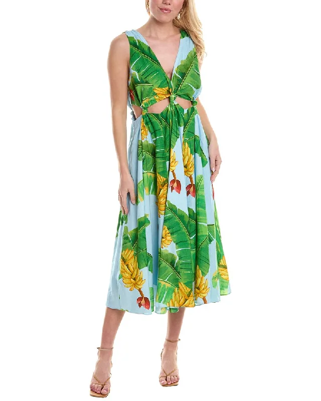 FARM Rio Fresh Bananas Cutout Linen-Blend Midi Dress Trendy Fit-and-Flare Midi Dress
