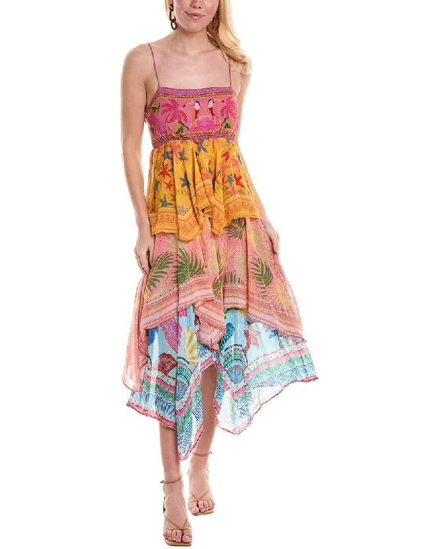 FARM Rio Mixed Scarves Tiered Midi Dress Trendy Mock Neck Midi Dress