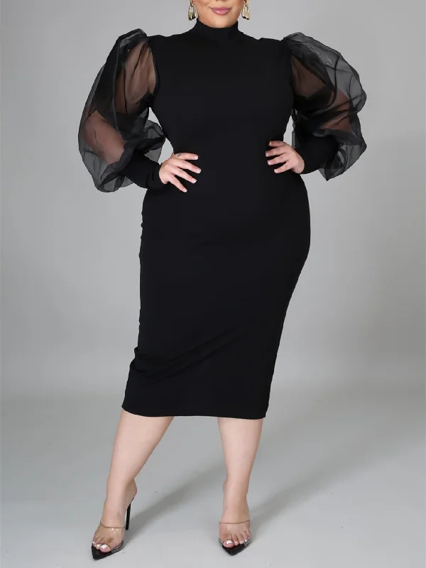 KittenAlarm - Fashion Puff Sleeve Plus Size Party Midi Dress Stylish Color Block Midi Dress
