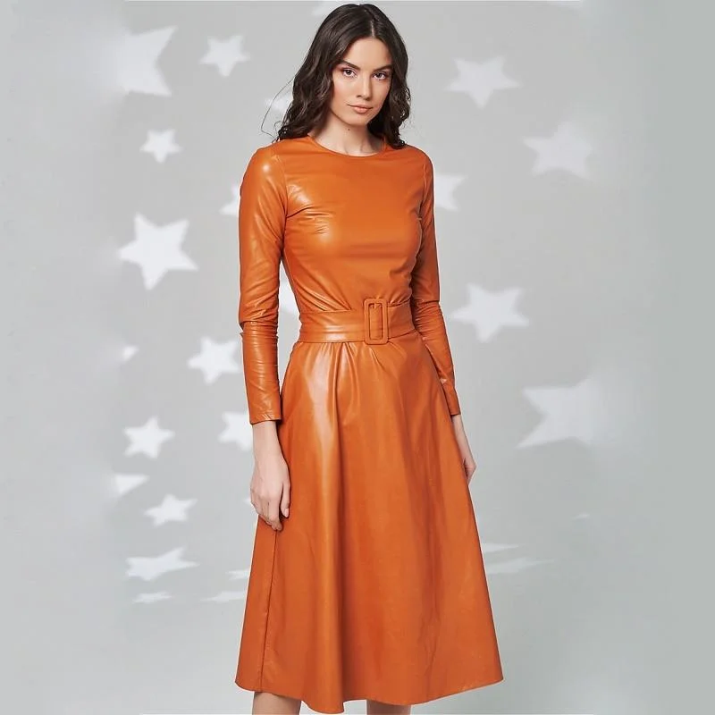 FashionSierra - Fit And Flare Winter Dress a Line Pockets Pu Leather Midi Dress Stylish Cold Shoulder Midi Dress