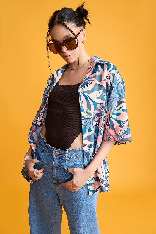 Floppy Printed Women's Resort Shirt Stylish Striped Short Sleeve