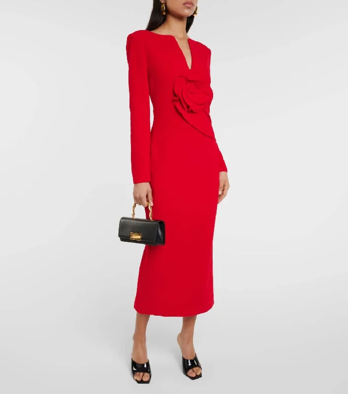 Floral Appliqué Wool Crepe Midi Dress In Red Cozy Midi Dress with Pockets