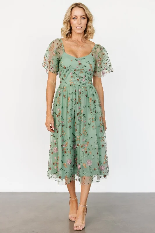 Gwyneth Tulle Midi Dress | Eucalyptus Floral Comfortable Short Sleeve Midi Dress