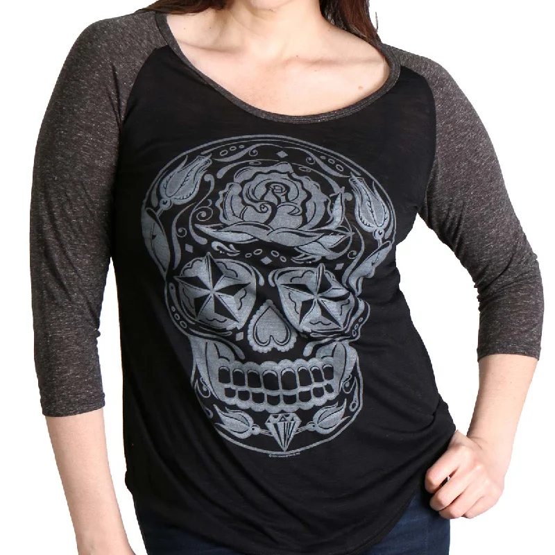 Hot Leathers GLC3352 Sugar Skull Black and Heather Grey 3/4 Sleeve Ladies Shirt Stylish Short Sleeve Polo