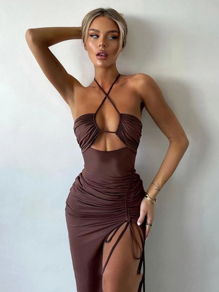 DressBetty - 2024 Hot Summer Sexy Sleeveless Cut Out Club Party Vestido Midi Dress Stylish Pleated Skirt Midi Dress