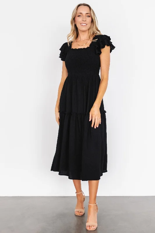 Jacie Smocked Midi Dress | Black Elegant Velvet Midi Dress