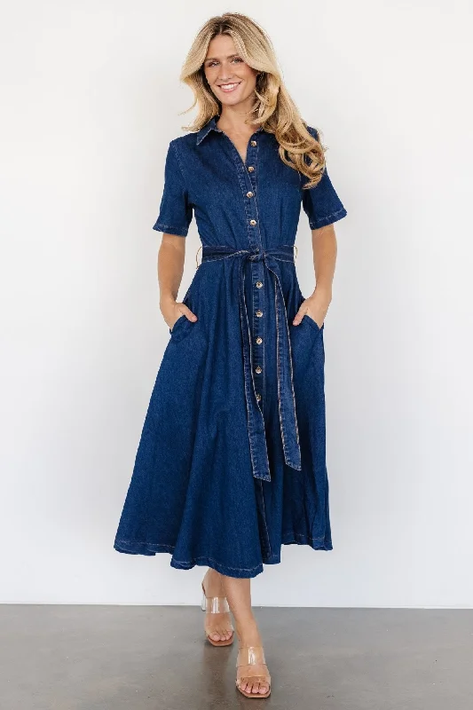 Janelle Midi Dress | Denim Blue Elegant Satin Slip Midi Dress