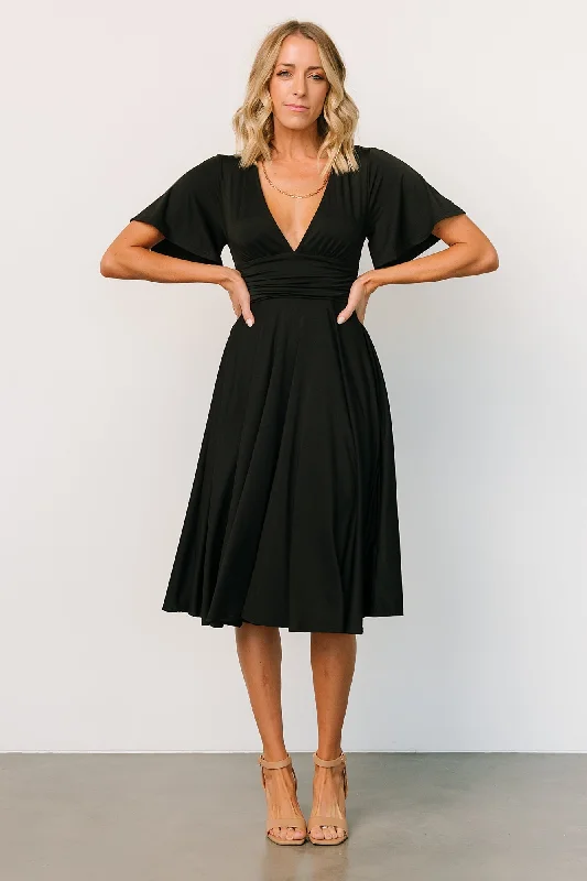 Janette Midi Dress | Black Elegant Satin Button Midi Dress