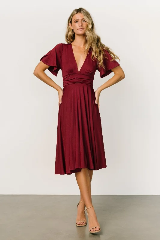 Janette Midi Dress | Wine Trendy Ruffled Sleeve Midi Dress