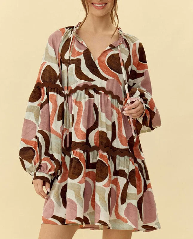 Tiered Abstract Print Mini Dress Comfortable Zip-Up Mini Dress