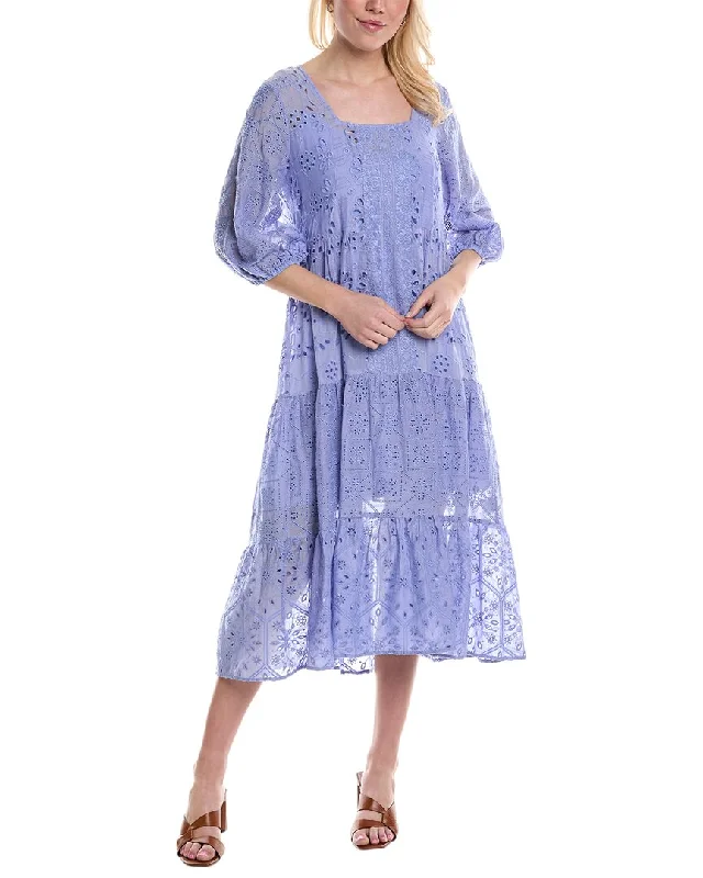 Johnny Was Castillo Eyelet Silk-Blend Midi Dress Elegant Velvet Midi Dress