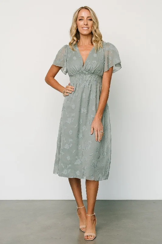 June Smocked Midi Dress | Eucalyptus Elegant Satin Button Midi Dress