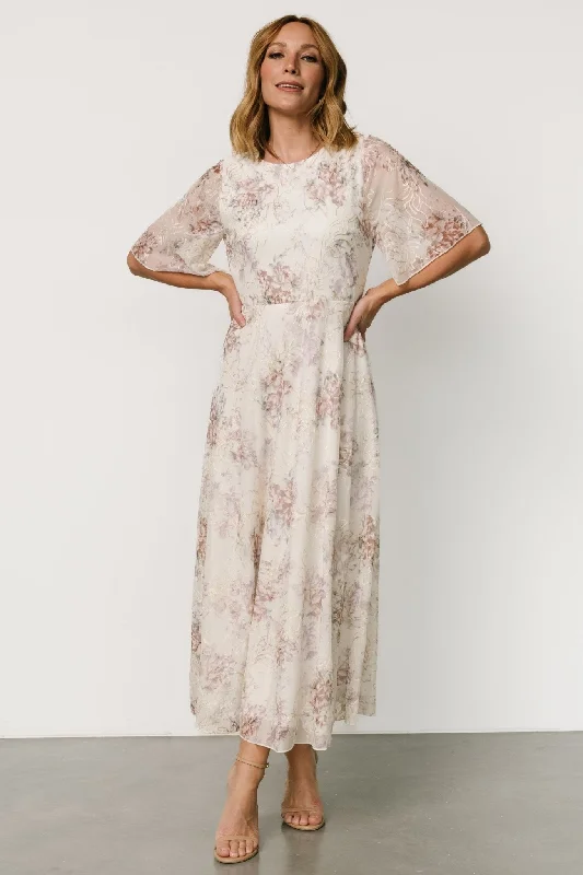 Kathreen Midi Dress | Ivory Floral Elegant Satin Midi Dress