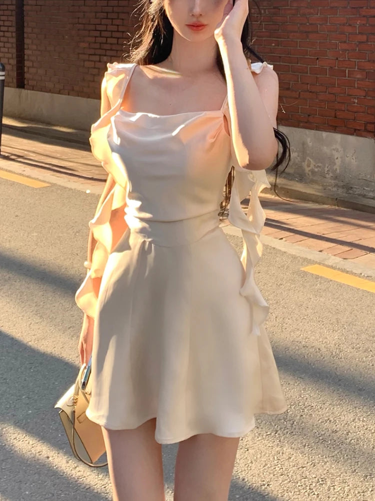DressBetty - 2024 Korean Spaghetti Strap Vintage Fairy Sweet Midi Dress Elegant Velvet Midi Dress