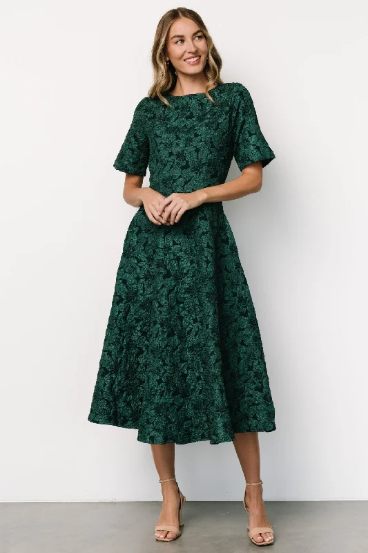 Kya Embossed Midi Dress | Emerald Green Comfortable Lace-Up Midi Dress