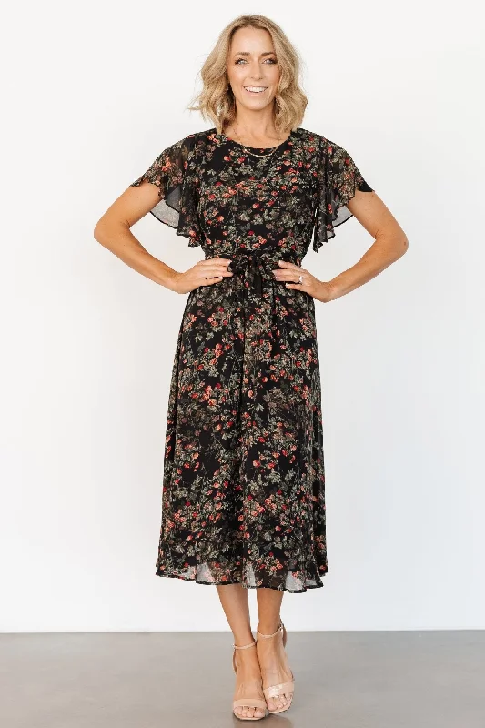 Laurel Midi Dress | Black + Red Floral Elegant Floral Appliqué Midi Dress