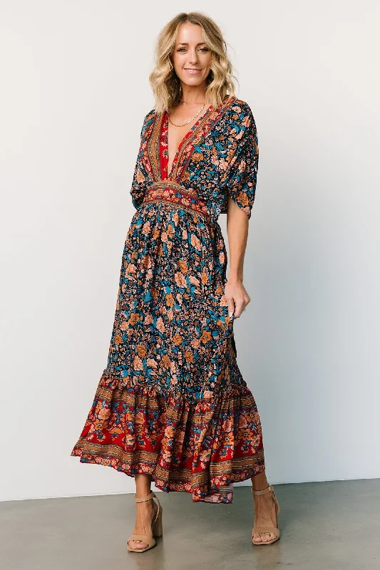 Leeanne Midi Dress | Navy Multi Floral Trendy Smocked Waist Midi Dress