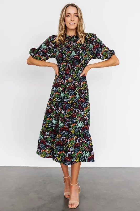 Lena Tiered Midi Dress | Black Multi Floral Cozy T-shirt Midi Dress