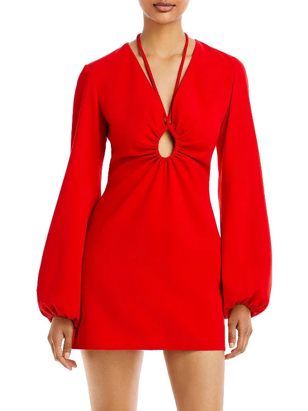 Leslie Womens Cut-Out Plunge Mini Dress Cozy Satin Mini Dress