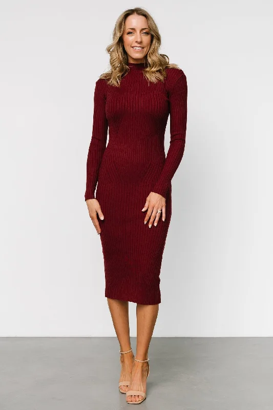 Lindsey Mock Neck Midi Dress | Burgundy Fashionable Pleated Midi Dress