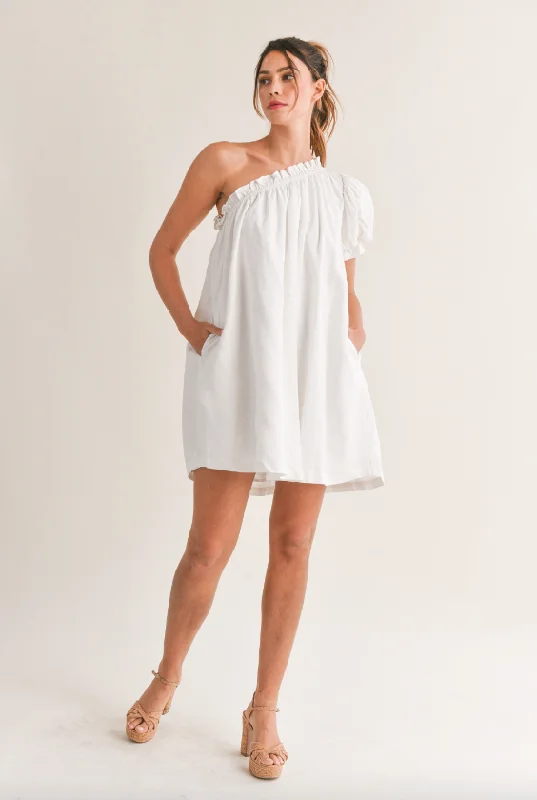 Linen One Shoulder Mini Dress Classic Casual Mini Dress