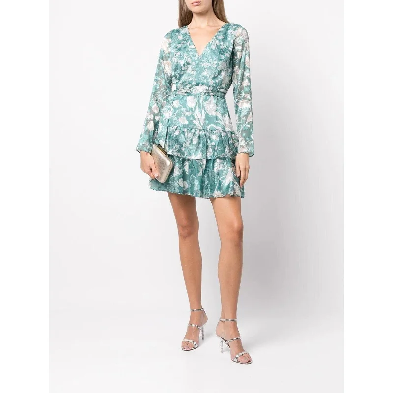 Long Sleeved V-neck Tiered Chiffon Mini Dress Stylish Floral Print Mini Dress