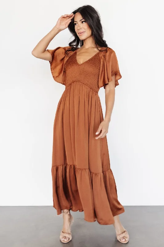 Lovell Smocked Midi Dress | Dark Copper Elegant Satin Midi Dress