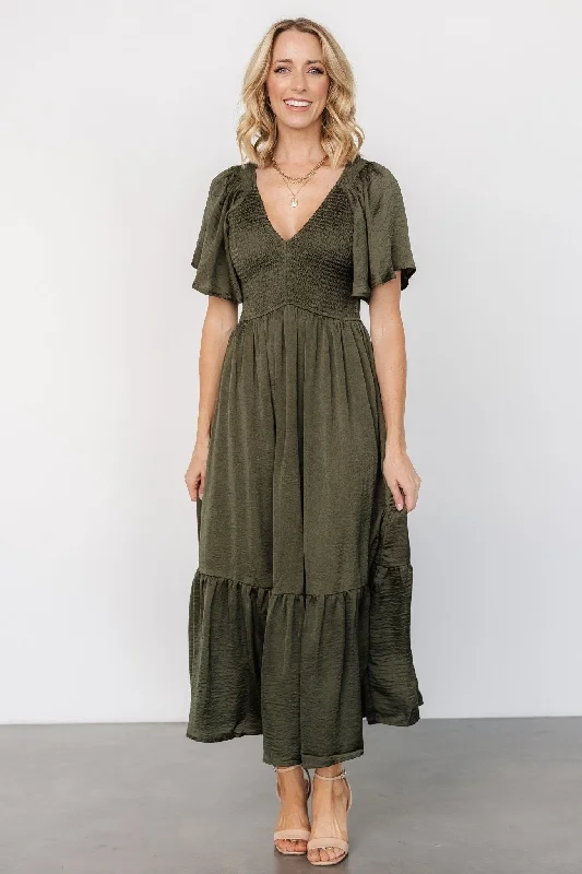 Lovell Smocked Midi Dress | Deep Olive Fashionable High-Neck Midi Dress