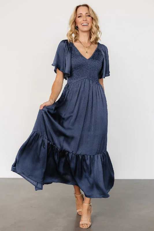 Lovell Smocked Midi Dress | Midnight Blue Fashionable Off-Shoulder Dress Midi