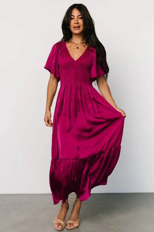 Lovell Smocked Midi Dress | Wine Berry Trendy Boho Midi Dress