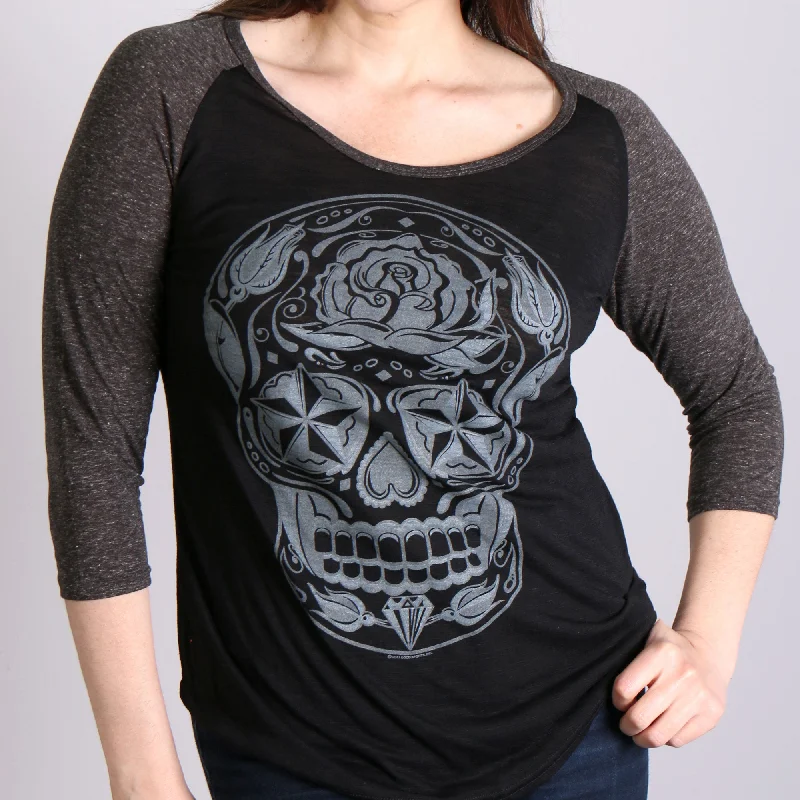 Hot Leathers Sugar Skull Black and Heather Grey 3/4 Sleeve Ladies Shirt GLC3352 Soft Cotton Short Tee