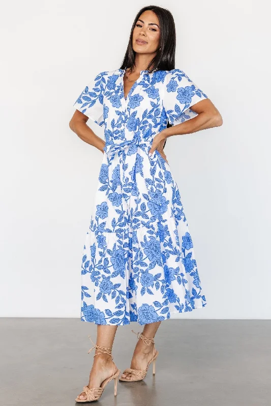 Lydie Button Midi Dress | White + Blue Stylish Button-Up Midi Dress