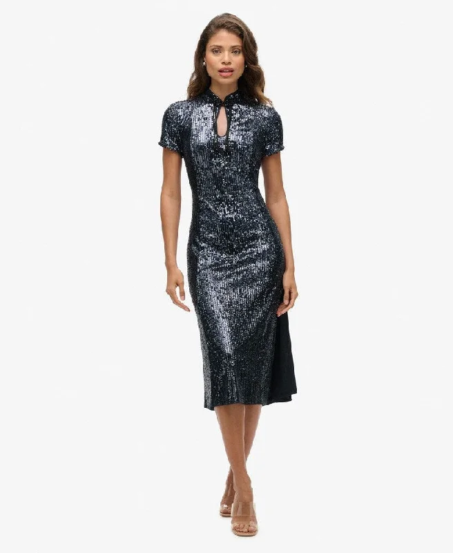 Mandarin Sequin Midi Dress | Gunmetal Sequin Trendy A-Line Midi Dress