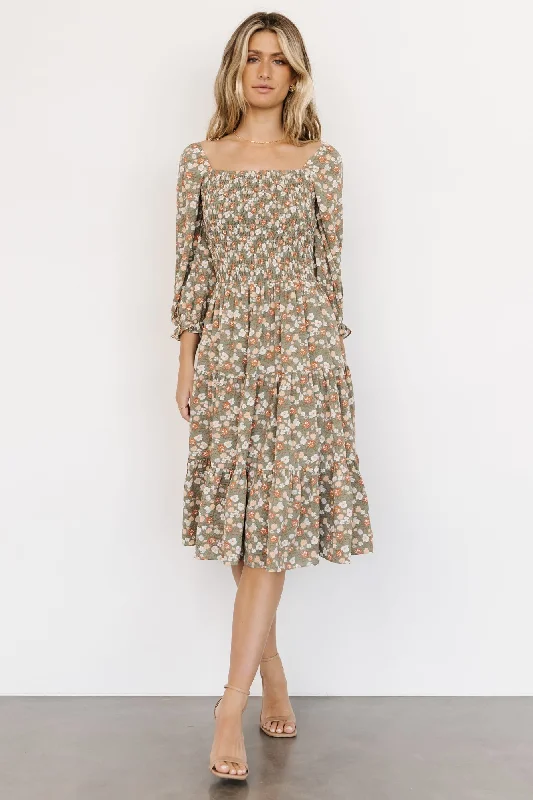 Marta Smocked Midi Dress | Dusty Olive Floral Comfortable Ribbed Midi Dress