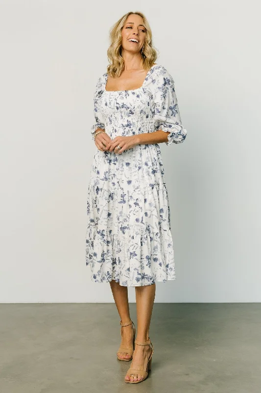 Marta Smocked Midi Dress | White + Blue Elegant Floral Appliqué Midi Dress