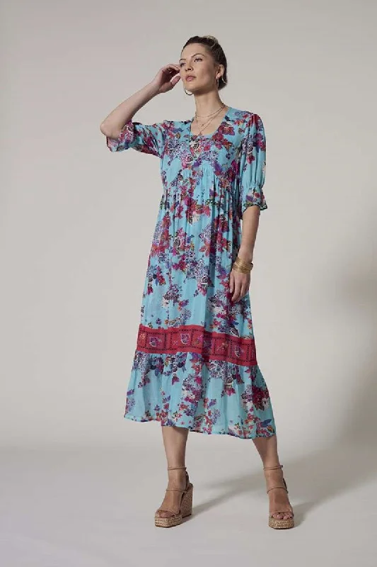 Pre Order Matera Sheer Midi Dress in Aqua Multi LS2754 by Loobie's Story Comfortable Button Front Midi Dress