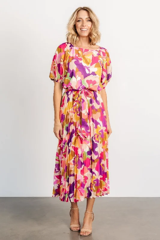 Maven Midi Dress | Multi Print Elegant Pleated Detail Midi Dress