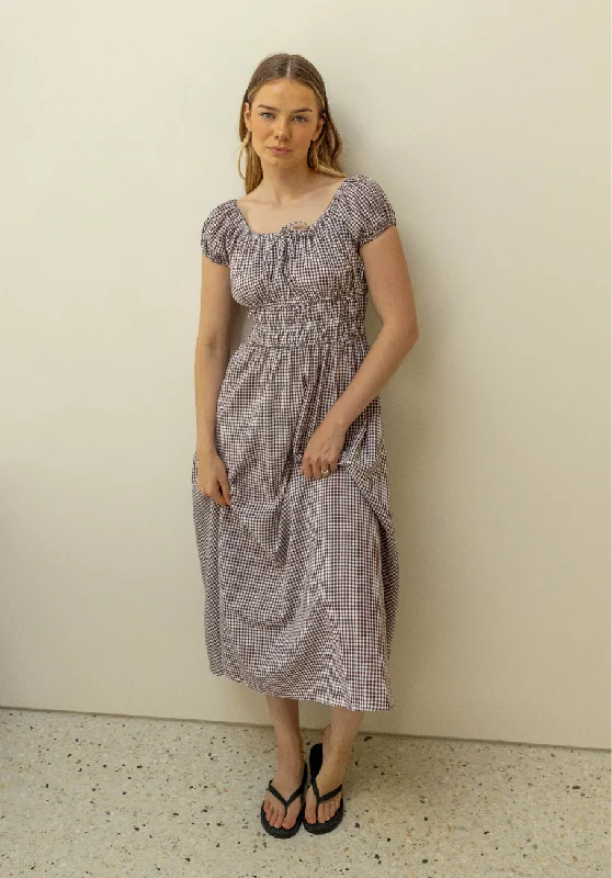 Miann & Co Woman - Clara Shirred Bust Midi Dress - Coco Gingham Fashionable High-Neck Midi Dress