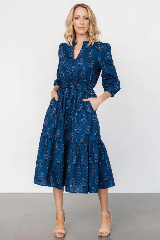 Mira Midi Dress | Deep Blue Print Elegant Floral Midi Dress