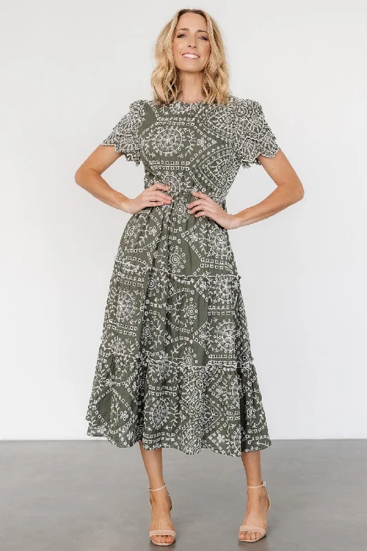 Mirabel Eyelet Midi Dress | Olive + White Stylish Striped Midi Dress