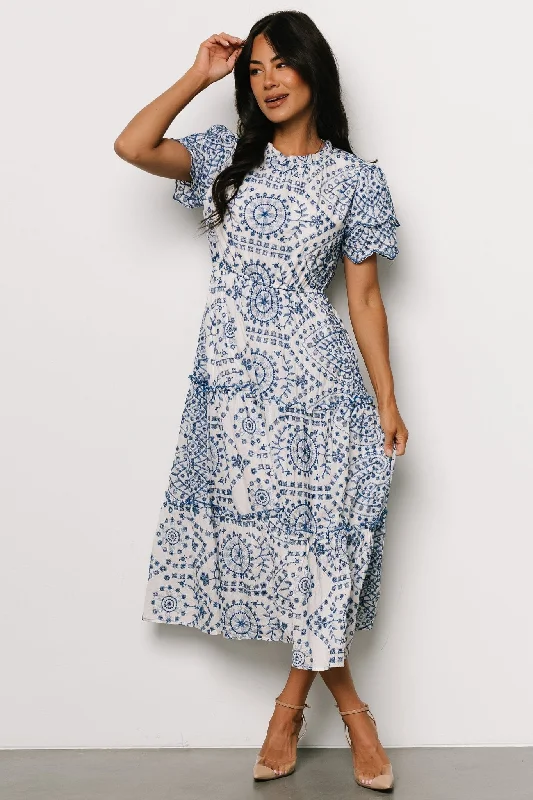 Mirabel Eyelet Midi Dress | White + Blue Comfortable Stretch Midi Dress