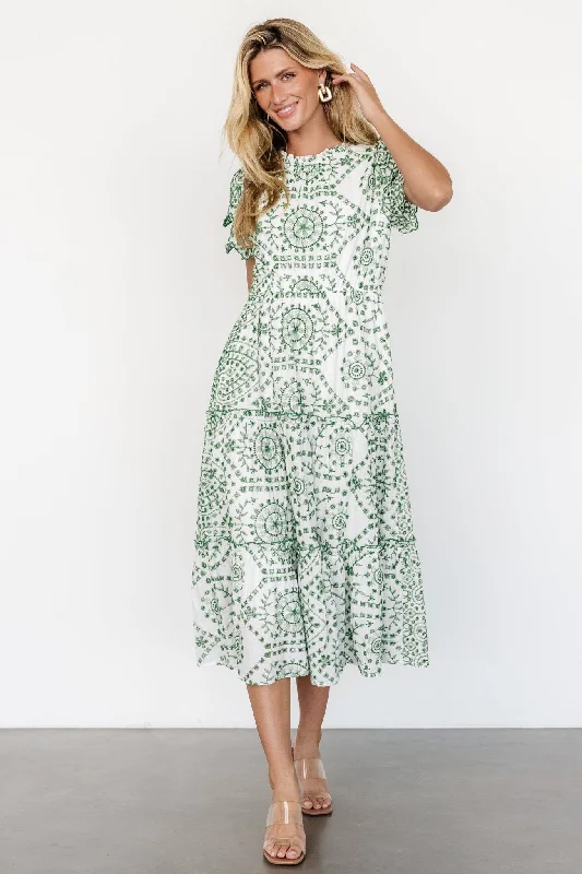 Mirabel Eyelet Midi Dress | White + Green Trendy Square Neck Midi Dress