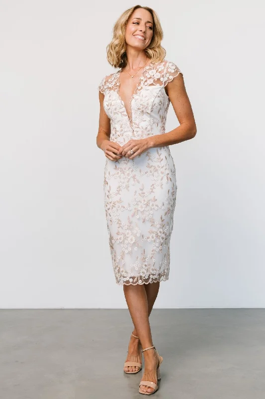 Monique Embroidered Midi Dress | White + Gold Comfortable Empire Waist Midi Dress