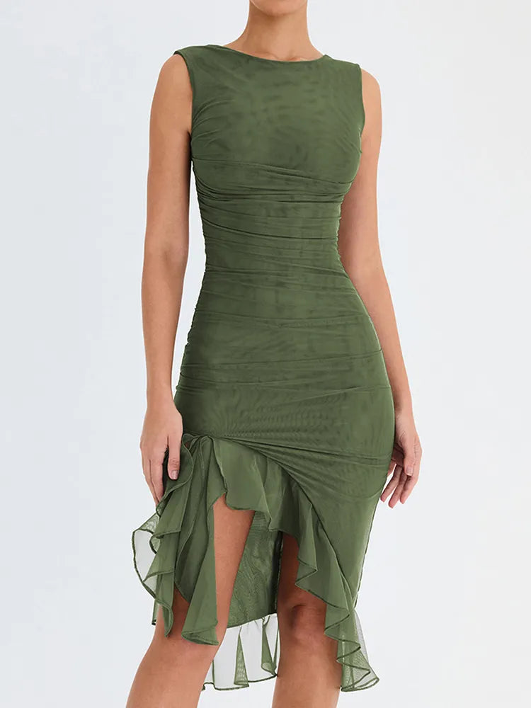 DressBetty - 2024 Mozision Irregular Backless Elegant Ruffle Midi Dress Comfortable Draped Midi Dress