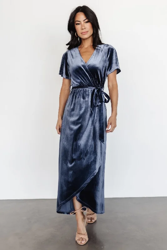 Nadine Velvet Midi Dress | Blue Comfortable Fit-and-Flare Midi Dress