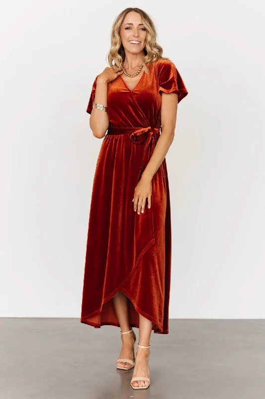 Nadine Velvet Midi Dress | Rust Elegant Puff Sleeve Midi Dress