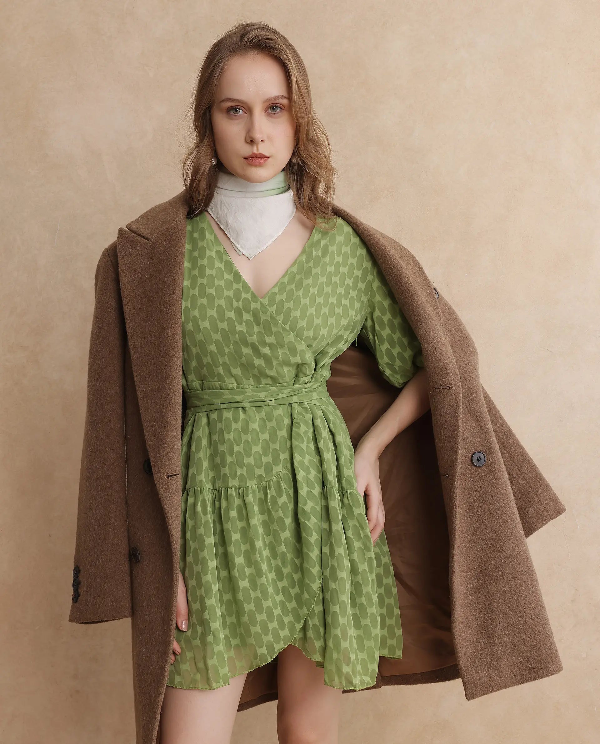 Rareism Women Namika Light Green Balloon Sleeve Over Lap Neck Zipper Closure Plain Mini Dress Trendy Cut-Out Mini Dress
