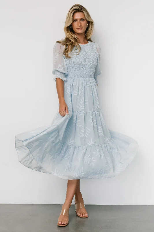 Nellie Smocked Midi Dress | Light Blue Stylish Satin Midi Dress