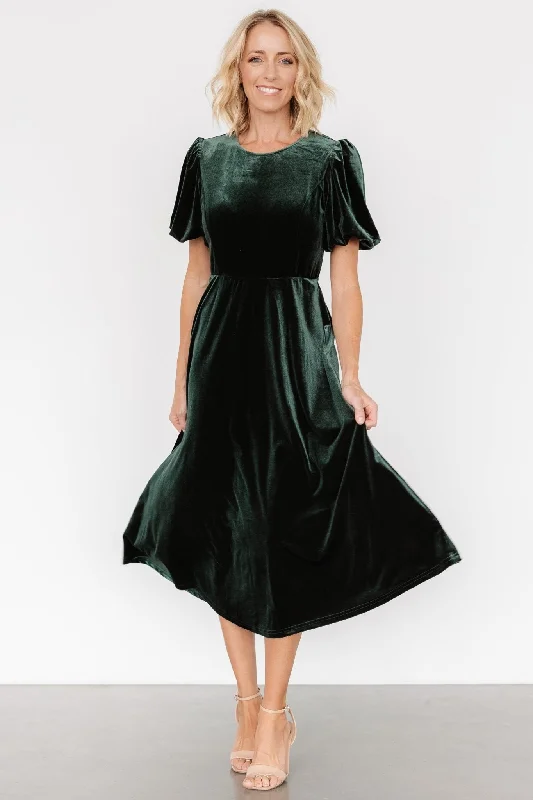 Nita Velvet Midi Dress | Deep Green Fashionable A-Line Midi Dress