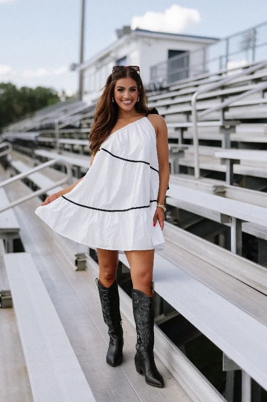 One Shoulder Bow Tie Mini Dress-Off White Trendy Tie-Dye Mini Dress